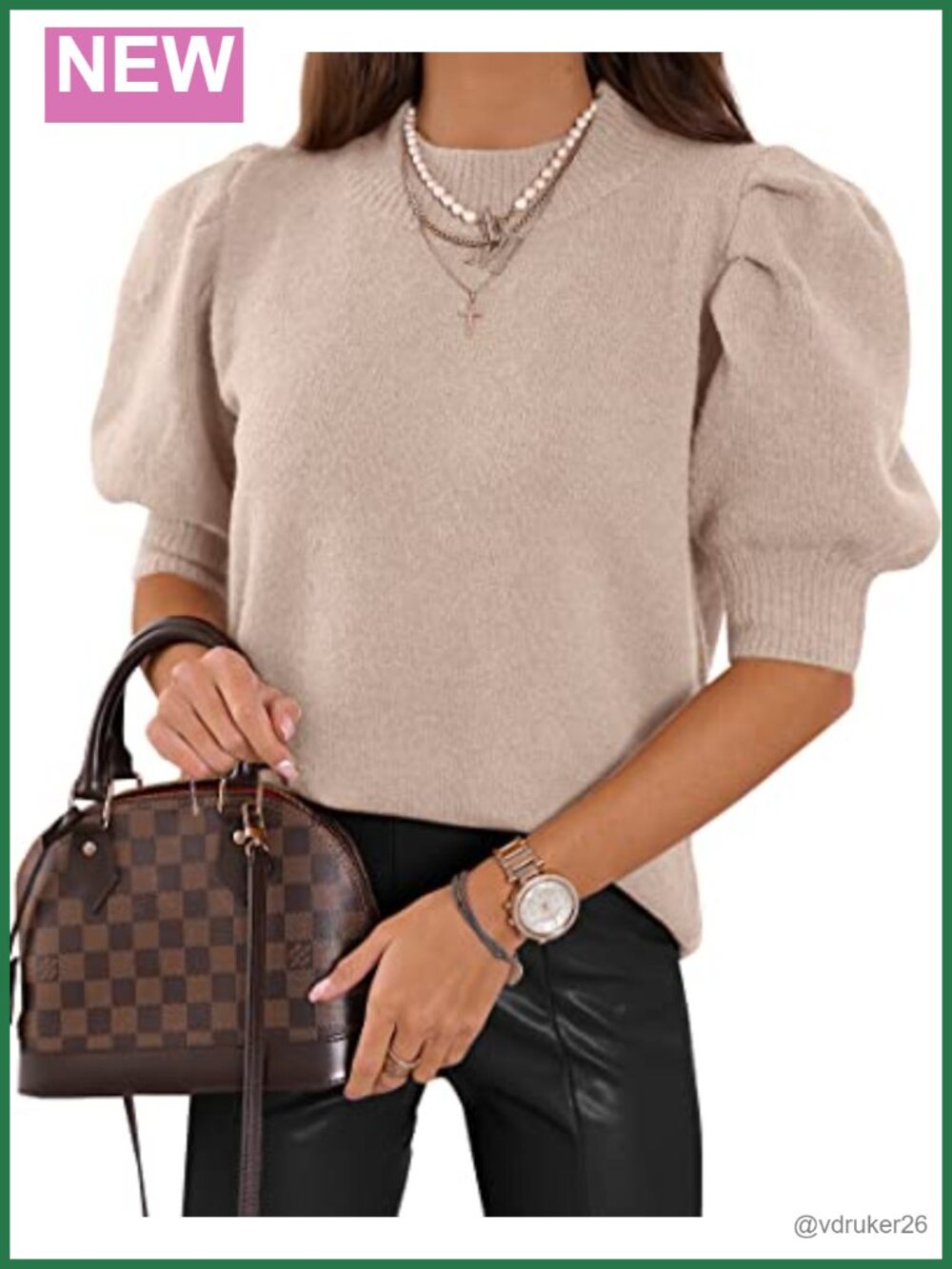 Puff Short Sleeve Knit Sweater Top Crew Neck Casual Blouse